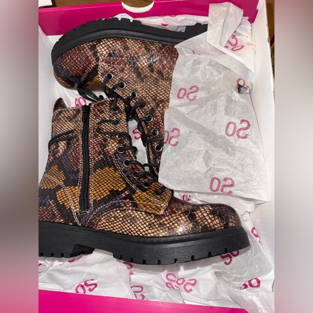 SO brand Bowfin Snake Print Combat Boots